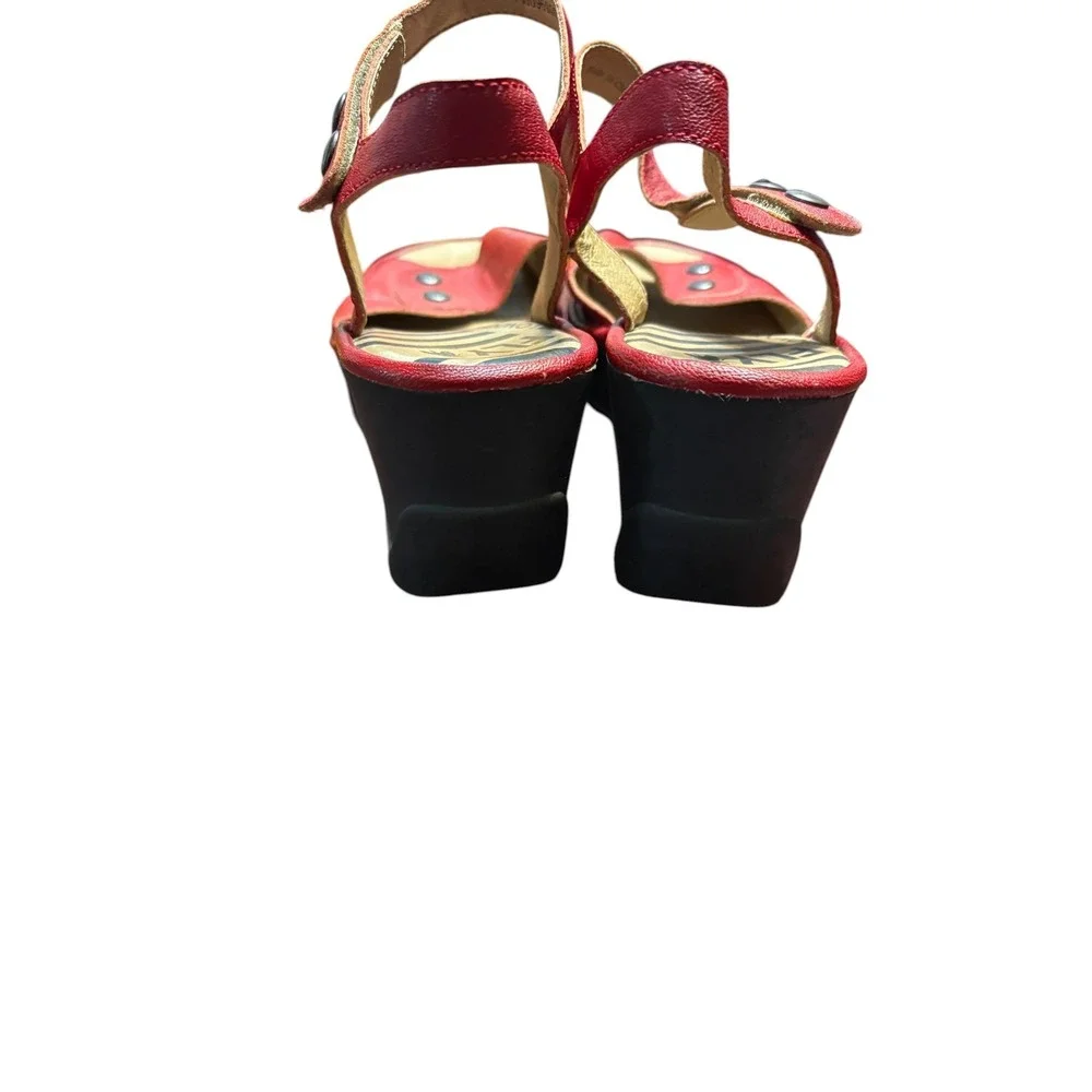Fly London Red Leather Wedge Sandals Peep Toe Platform Ankle Strap Size 40